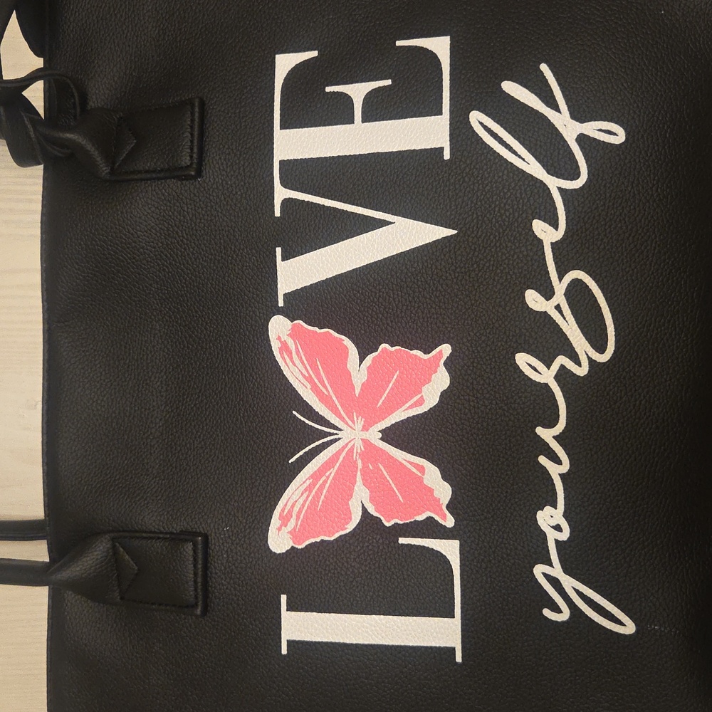 Black LOVE YOURSELF faux leather tote, Brand New.
